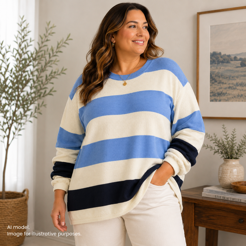 Talbots Sweater 2X Off White Blue Stripe Soft Cozy Chunky Crew Neck Pullover